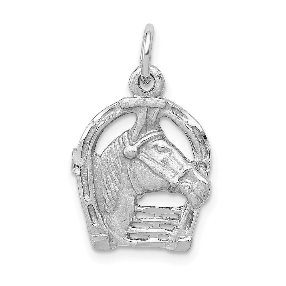 14k White Gold Diamond-Cut Horse Head In Horseshoe Necklace Charm Pendant